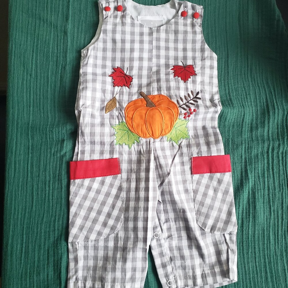 Lil Cactus Baby Boy's Gingham Pumpkin Fall Overalls - Size 3-6 months - NWT